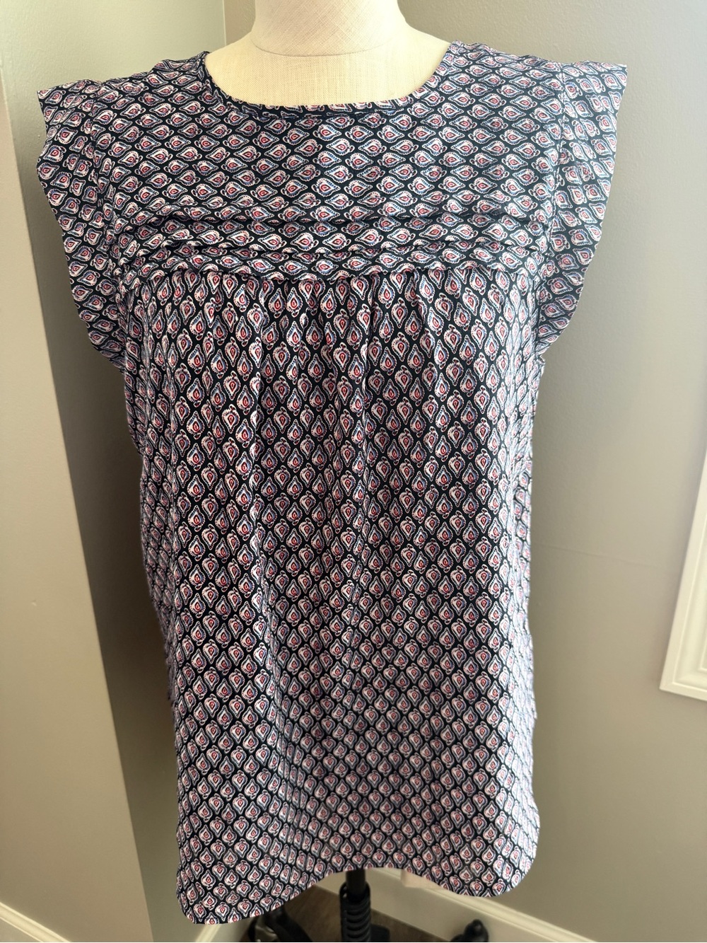 LOFT Navy Blouse with Red and White Paisley Print